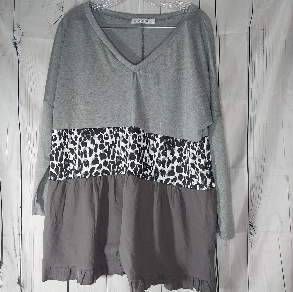 Misslook Gray and Black Women's V-Neck Oversized Babydoll boho Top